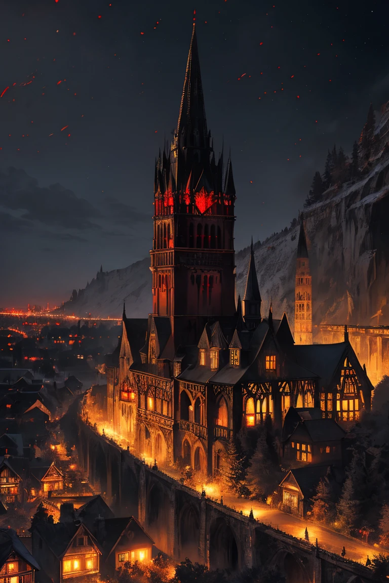 old European village shot with bird view, (Red glowing eyes), masterpiece, Depth of written boundary, Lutz, Gwaites style artwork, Gothic aesthetics, Dark Vampire village, ((in the dark gothic style cathle:1)), ((dark mid-night time:1.5)),