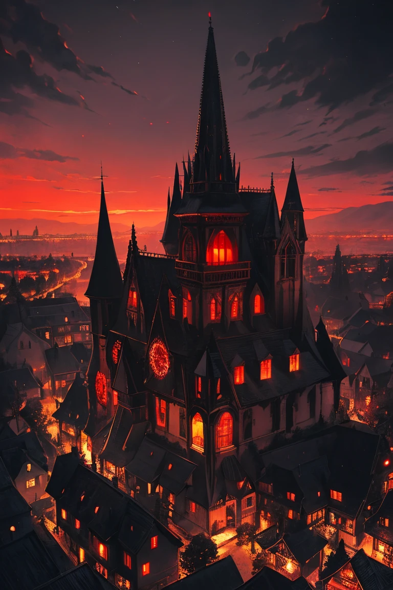 old European village shot with bird view, (Red glowing eyes), masterpiece, Depth of written boundary, Lutz, Gwaites style artwork, Gothic aesthetics, Dark Vampire village, ((in the dark gothic style cathle:1)), ((dark mid-night time:1.5)),