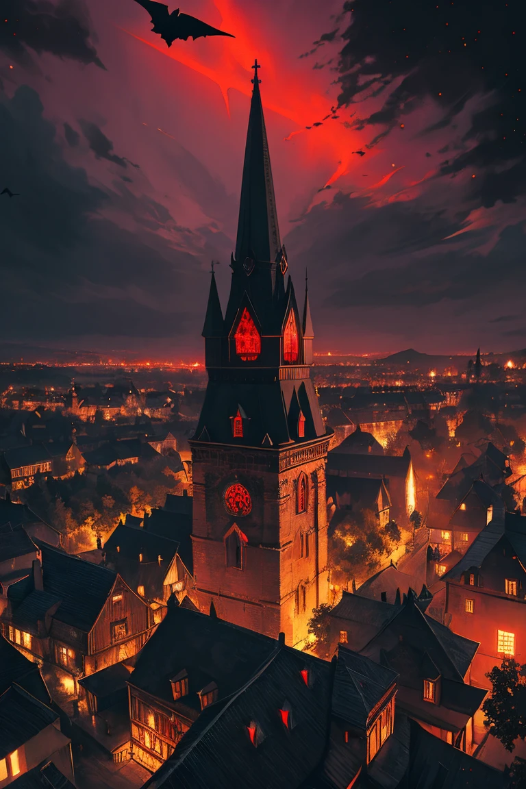 old European village shot with bird view, (Red glowing eyes), masterpiece, Depth of written boundary, Lutz, Gwaites style artwork, Gothic aesthetics, Dark Vampire village, ((in the dark gothic style cathle:1)), ((dark mid-night time:1.5)),