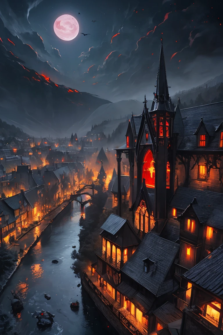 old European village shot with bird view, (Red glowing eyes), masterpiece, Depth of written boundary, Lutz, Gwaites style artwork, Gothic aesthetics, Dark Vampire village, ((in the dark gothic style cathle:1)), ((dark mid-night time:1.5)),