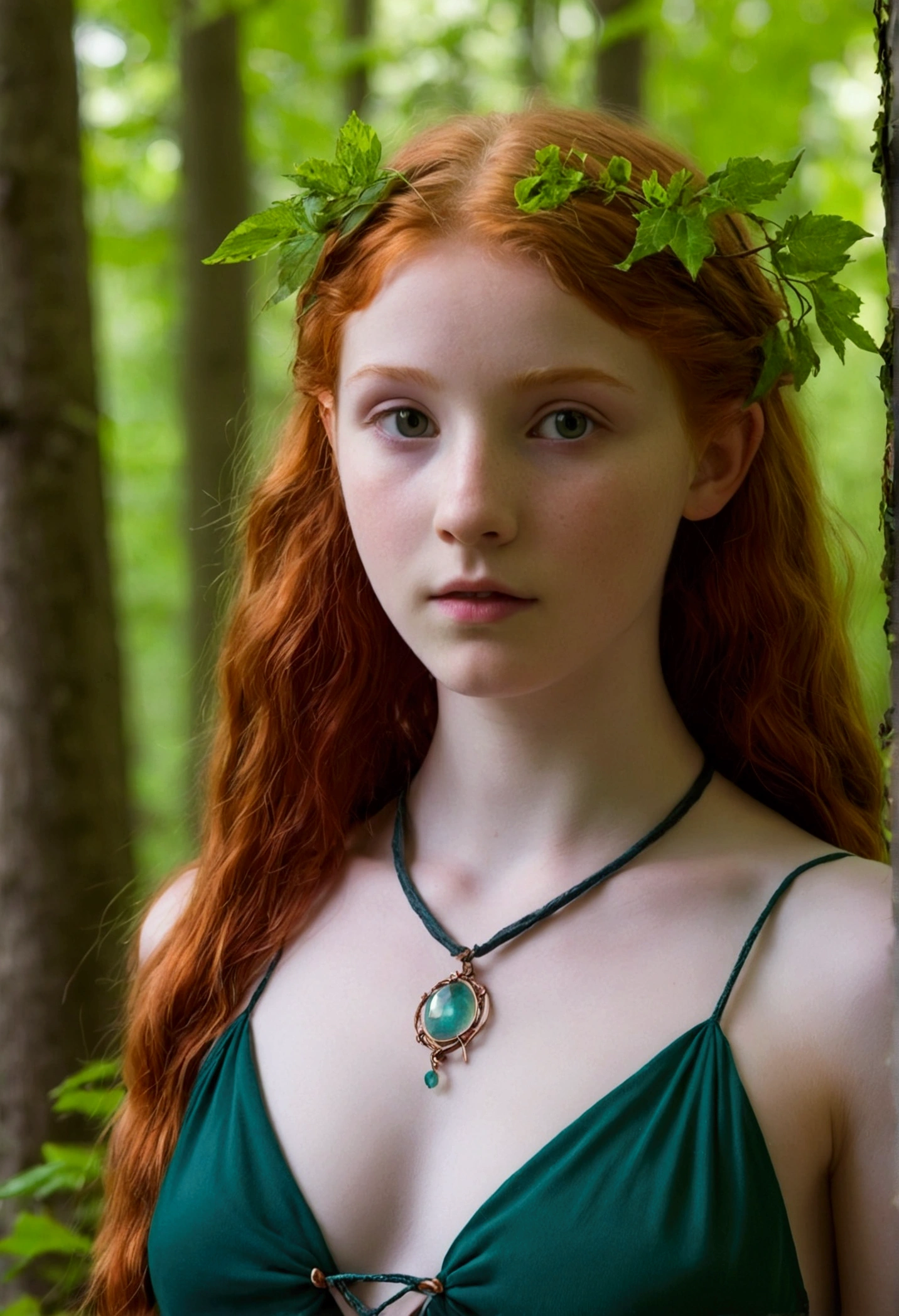 15 year old girl, sexy innocent, Druid Girl, magic, In the woods, redhead, mystical aura. erect nipples.