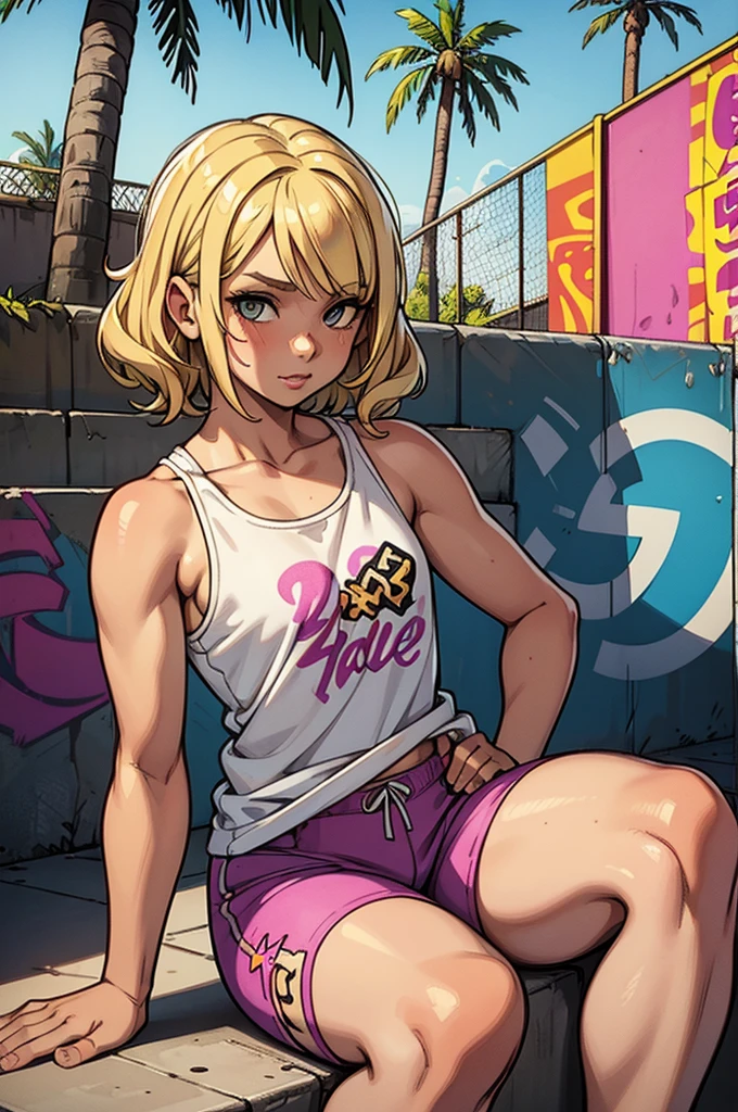  with short wavy blonde hair, hazel eyes, flat chest, wearing a white tank top with a colorful print, hazel Bermuda shorts, posing sitting on a staircase with graffiti, upper body, concrete staircase background with graffiti in a skate park, palm trees, depth on field, Dutch angle, afternoon light, evening, sunset, los angles