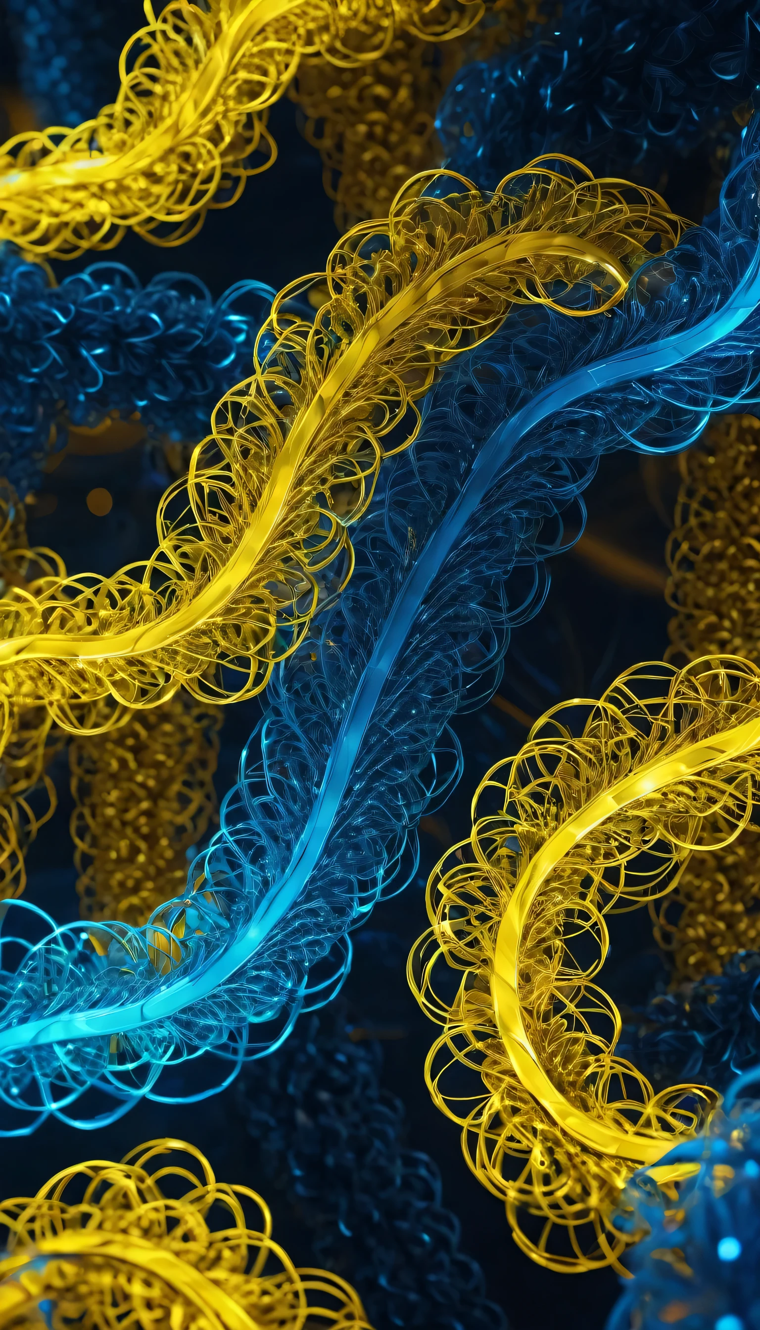 All yellow, abstract, curly fabric, clothes, blockchain's hash calculation, futuristic, blue Rembrandt lights style, 8k with 4D, mechanics, shiny lights vivid, realism, photo abstract, smoke