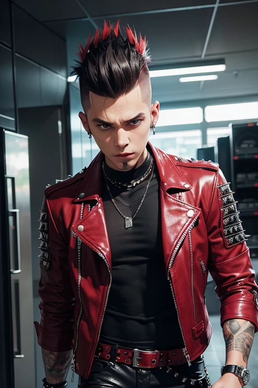 An image of a punk with a mohawk, dressed in a leather jacket with studs, in a futuristic style. The punk is standing against the backdrop of a sci-fi city with neon lights and cyberpunk elements. In the top right corner, the image features a bright, striking inscription 'НАУЧПАНК' in Russian, styled in cyberpunk with neon colors.