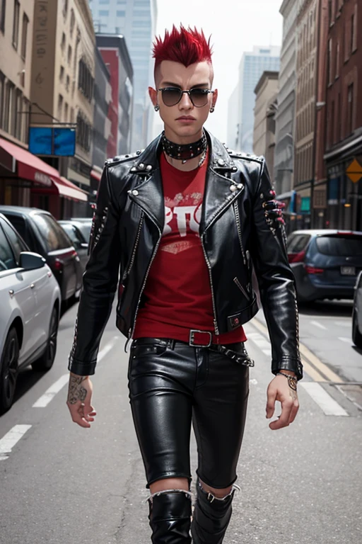 An image of a man punk with a mohawk, dressed in a leather jacket with studs, in a futuristic style. The punk is wearing classic punk tight pants in red plaid.