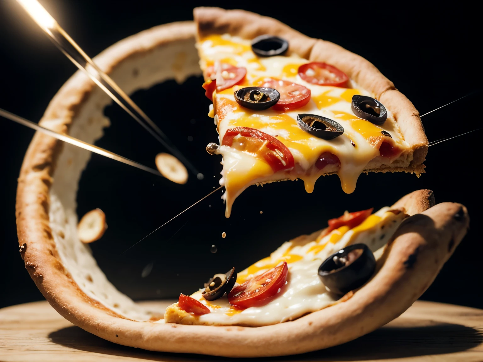 A realistic photo of a slice of pizza flying through the air, captured with a Canon R5. The pizza slice has a golden-brown crust and is topped with fresh and vibrant ingredients: pepperoni slices, melted and stretchy cheese, basil leaves, black olives, and tomato slices. The slice is in mid-air, with a slight motion blur to emphasize movement. The background is simple and slightly blurred, ensuring the flying pizza slice is the focal point of the image. The lighting is natural and soft, highlighting the textures and colors of the ingredients, with subtle shadows adding depth.