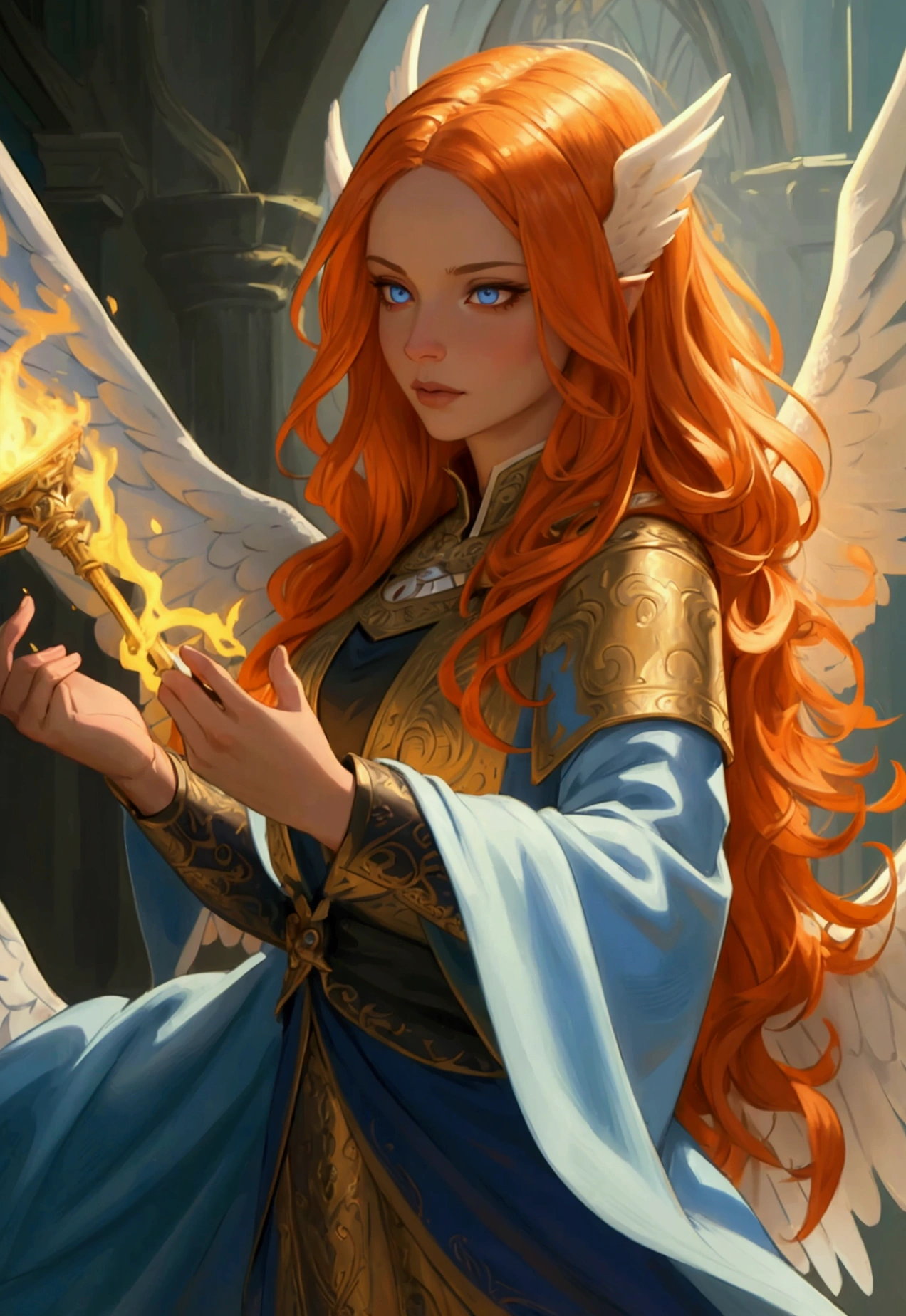 arafed high details, best quality, 16k, (ultra detailed: 1.5), masterpiece, best quality, (extremely detailed), dynamic angle, ultra wide shot, photorealistim, RAW, fantasy art, dnd art, fantasy art, realistic art, a wide angle picture of a female aasimar sorceress casting a fire spell, full body  (intense details, Masterpiece, best quality), D&D aasimar, exremley beautiful female aasimar, orange hair, long hair, wavy hair, dynamic eyes color, angelic eyes, radiant magical eyes, ultra detailed face (intense details, Masterpiece, best quality), spread angelic wings, white angelic wings (intense details, Masterpiece, best quality),  wearing [black] robe, wearing blue cloak, long cloak, flowing cloak with fire motifs (intense details, Masterpiece, best quality), armed with magical staff (intense details, Masterpiece, best quality), manipulating fire magical energy (intense details, Masterpiece, best quality), controlling lightning, dark fantasy magical tower background, evil temple background (intense details, Masterpiece, best quality)
