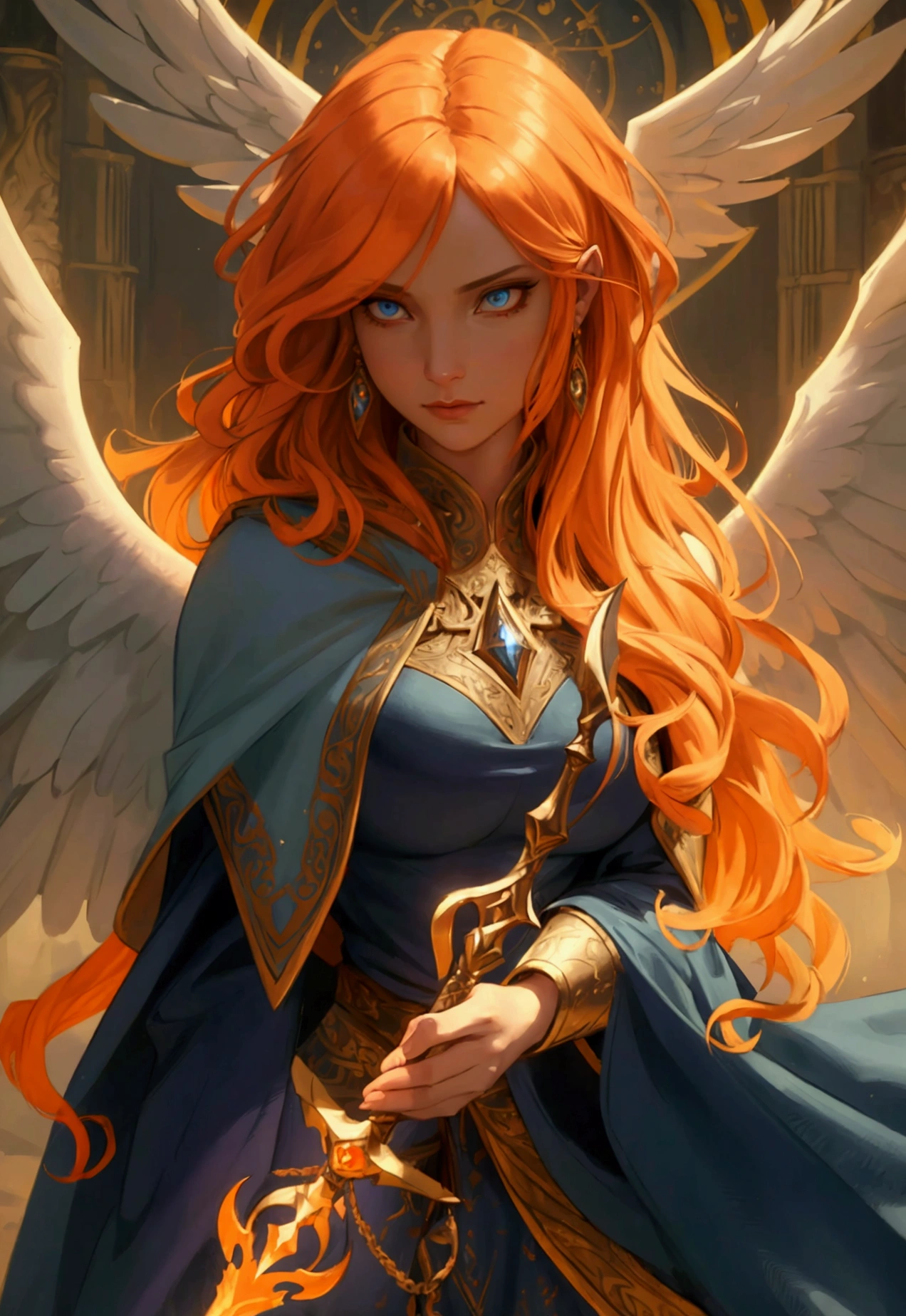 arafed high details, best quality, 16k, (ultra detailed: 1.5), masterpiece, best quality, (extremely detailed), dynamic angle, ultra wide shot, photorealistim, RAW, fantasy art, dnd art, fantasy art, realistic art, a wide angle picture of a female aasimar sorceress casting a fire spell, full body  (intense details, Masterpiece, best quality), D&D aasimar, exremley beautiful female aasimar, orange hair, long hair, wavy hair, dynamic eyes color, angelic eyes, radiant magical eyes, ultra detailed face (intense details, Masterpiece, best quality), spread angelic wings, white angelic wings (intense details, Masterpiece, best quality),  wearing [black] robe, wearing blue cloak, long cloak, flowing cloak with fire motifs (intense details, Masterpiece, best quality), armed with magical staff (intense details, Masterpiece, best quality), manipulating fire magical energy (intense details, Masterpiece, best quality), controlling lightning, dark fantasy magical tower background, evil temple background (intense details, Masterpiece, best quality)
