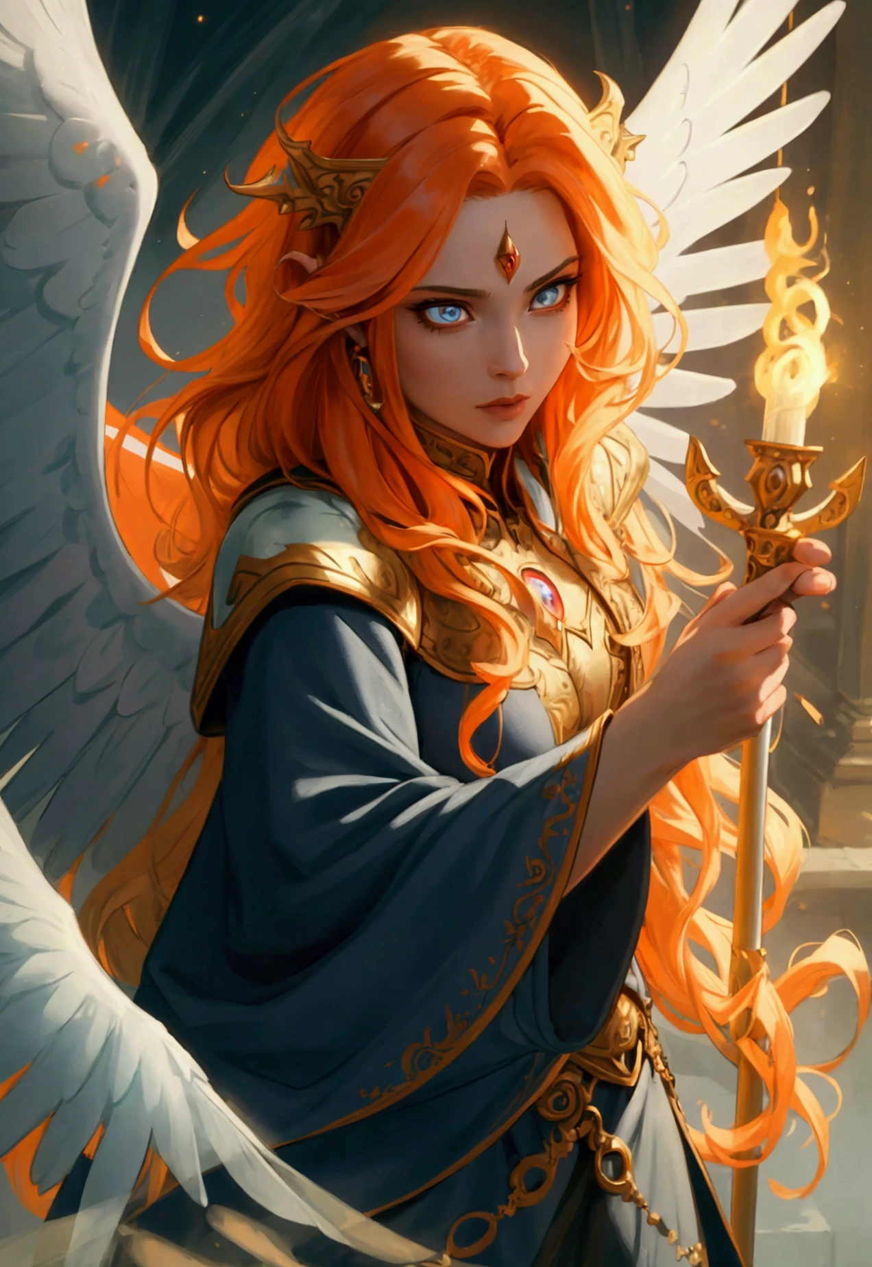 arafed high details, best quality, 16k, (ultra detailed: 1.5), masterpiece, best quality, (extremely detailed), dynamic angle, ultra wide shot, photorealistim, RAW, fantasy art, dnd art, fantasy art, realistic art, a wide angle picture of a female aasimar sorceress casting a fire spell, full body  (intense details, Masterpiece, best quality), D&D aasimar, exremley beautiful female aasimar, orange hair, long hair, wavy hair, dynamic eyes color, angelic eyes, radiant magical eyes, ultra detailed face (intense details, Masterpiece, best quality), spread angelic wings, white angelic wings (intense details, Masterpiece, best quality),  wearing [black] robe, wearing blue cloak, long cloak, flowing cloak with fire motifs (intense details, Masterpiece, best quality), armed with magical staff (intense details, Masterpiece, best quality), manipulating fire magical energy (intense details, Masterpiece, best quality), controlling lightning, dark fantasy magical tower background, evil temple background (intense details, Masterpiece, best quality)
