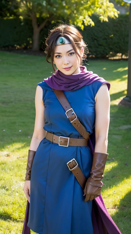 ((masterpiece:1.4)), (High resolution:1.4), Standing on the lawn, Sexy pose, One girl:1.5, alone, outside, internal (dq3), One girl, alone, short hair, Brown Hair, blue eyes, Circlet, Muscular、Strapless, Blue clothes, Purple Cape, Knee socks, Elbow hand pockets, boots, belt, sheath, knee boots, Beautiful smile, Beautiful Face, Highly detailed face, Highly detailed eyes, Highly detailed skin, Skin pores, Realistic pupils, Blush all over face, Fuller lips, (Perfect Anatomy:1.1), (Perfect Proportions:1.1), (photograph:1.1), (photoRealistic:1.1), Volumetric lighting, Dynamic Lighting, True Shadow, (High resolution:1.1), Sharp focus, Dawn, (Realistic, hyperRealistic:1.4), Complex, Attention to detail, dramatic, Scattered beneath the surface, Large depth of field, Vivid, Polished, Honed, ((Full Sharp)), (Very absurd),16k hdr,