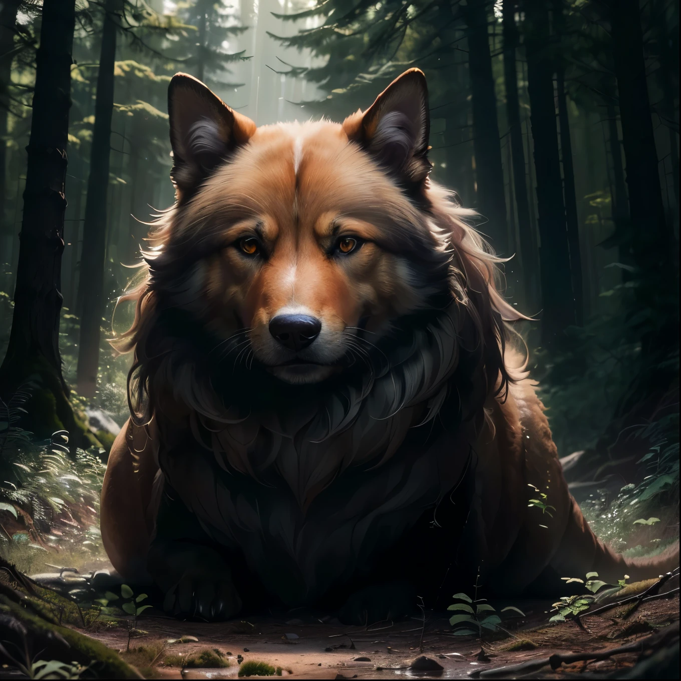 there is a dog that is lying in the forest, Portrait of Forest Gog, Lt. Adam Marczyński, dramatic and detailed cinematic fur, portrait of a dragon, digital art animal photo, Wojtek FUS, hyper realistic fur, by Marten Post, Lt. Tadeusz Pruszkówski, fierce expression 4k, portrait dragon feet,