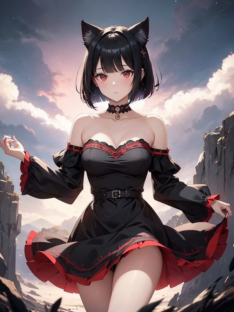 Delicate and pretty young woman with shiny bob-cut black hair and cat ears. She is wearing an intricately patterned red mini-skirt dress with off-the-shoulder sleeves and a fitted red bodice. The background is a fantastic and ethereal night sky that looks like it could be haunted by a specter. Her expression is rugged and atmospheric. Angle from directly below.