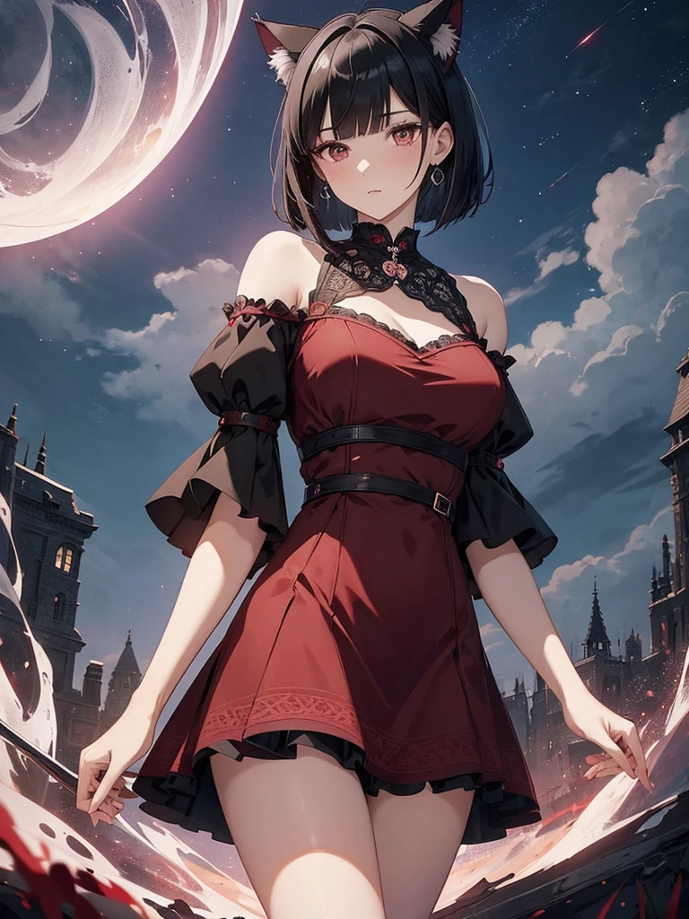 Delicate and pretty young woman with shiny bob-cut black hair and cat ears. She is wearing an intricately patterned red mini-skirt dress with off-the-shoulder sleeves and a fitted red bodice. The background is a fantastic and ethereal night sky that looks like it could be haunted by a specter. Her expression is rugged and atmospheric. Angle from directly below.