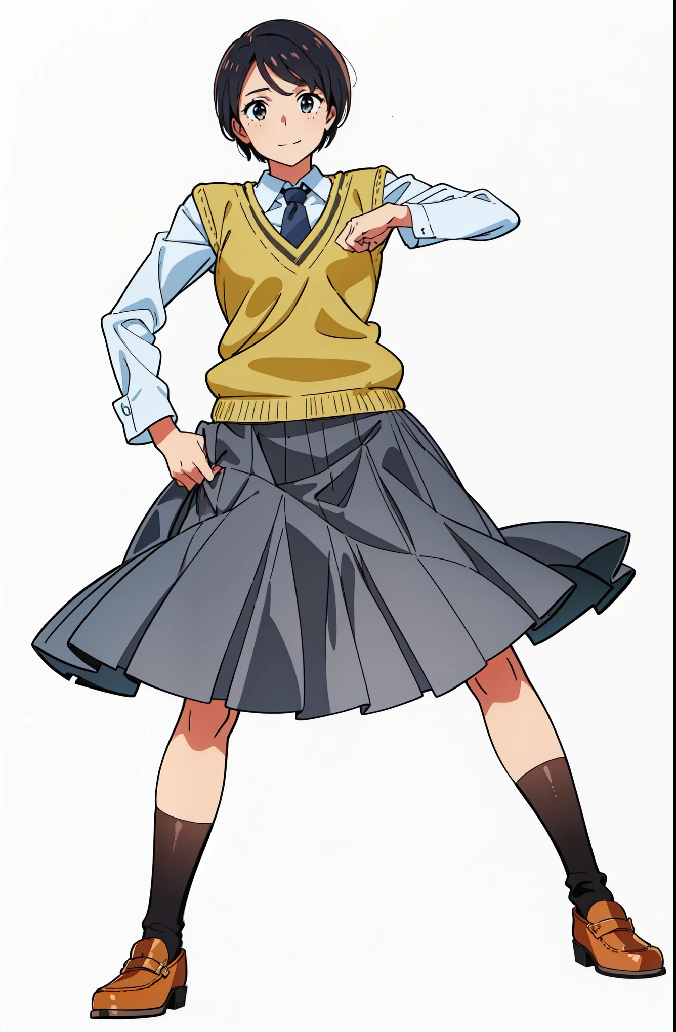 (white background:1.0), (best quality:1.0), (masterpiece:1.0), (super fine illustration:1.0), (beautiful artwork:1.0), (anime screencap:1.0), (official art:1.0), (solo:1.0), (a 18yo cute girl:1.0), (long skirt:1.0), (gray skirt:1.0), (pleated skirt:1.0), (khaki knit vest:1.0), (white long sleeve collared shirt:1.0), (dark blue necktie:1.0), (loafers:1.0), (black socks:1.0), (ideal ratio body proportions:1.0), (lanky:1.0), (tall:1.0), (slender:1.0), (small breasts:1.0), (smaller face:1.0), (freckles:1.0), (cheerful:1.0), (detailed beautiful eyes:1.0), (detailed beautiful face:1.0), (glowing black eyes:1.0), (very short hair:1.0), (swept bangs:1.0), (black hair:1.0), (standing:1.0), (looking at viewer:1.0)