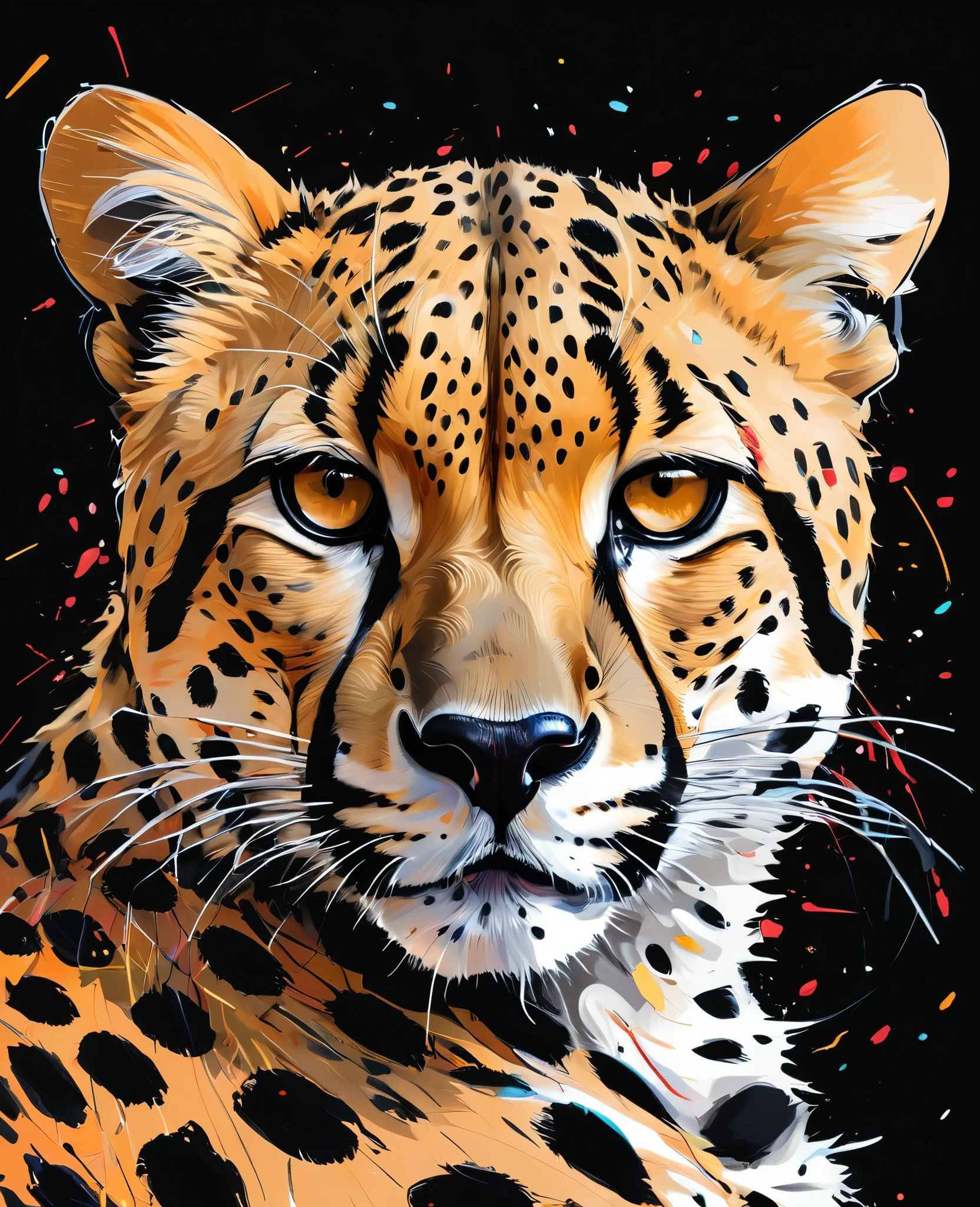 Graffiti, scribble, Comics by Petra Cortright, best quality, masterpiece, cheetah artwork, Representative work, official art, Professional, Ultra intricate detailed, 8k, cheetah art, Black background