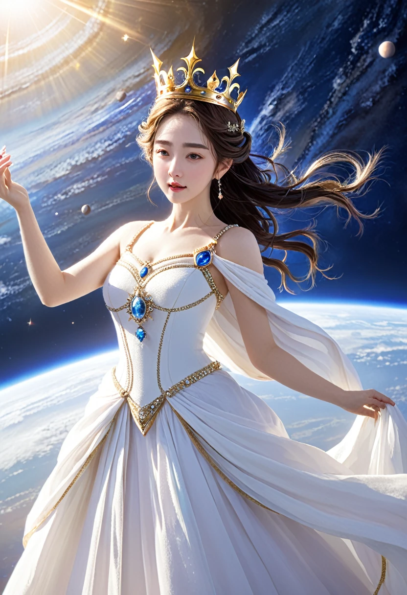high resolution、gorgeous、goddess、crown、The background is space、shine、front、