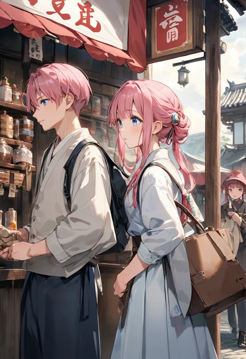 Traveling Merchant、Girl with pink hair、blue eyes、Twin Drill、A scene from a movie