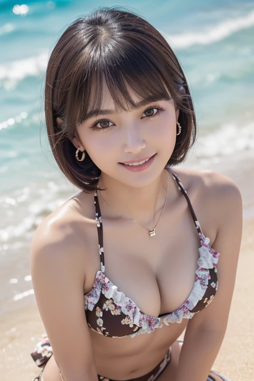 girl, White skin, ((Dark brown short tiered hair)), (Dark brown short hair),V cut with layers and bangs, Brown eyes, Soft atmosphere characteristics (Highest quality, Ultra-high resolution, 8k, RAW Photos, Ultra-high resolution: 1.2, masterpiece: 1.3), (Realistic, Realistic: 1.37), Very detailed, Professional Lighting, Photon Mapping, Radio City, 物理ベースレンダring, One Girl, （high school girl）, Sharp focus:1.2、Beautiful woman:1.4,cute, Nice,(Adorable smile:1.2), Normal chest, Cross Necklace、Earrings、ring,(Cleavage)、(((Cute ruffled floral micro bikini,(Looking at camera:1.2)(All fours:1.1)on Waikiki beach))),(Selfie:1.2)