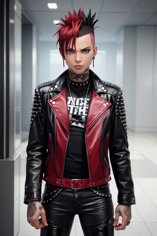 An image of a punk with a mohawk, dressed in a leather jacket with studs, in a futuristic style. The punk is wearing classic punk tight pants in red plaid.