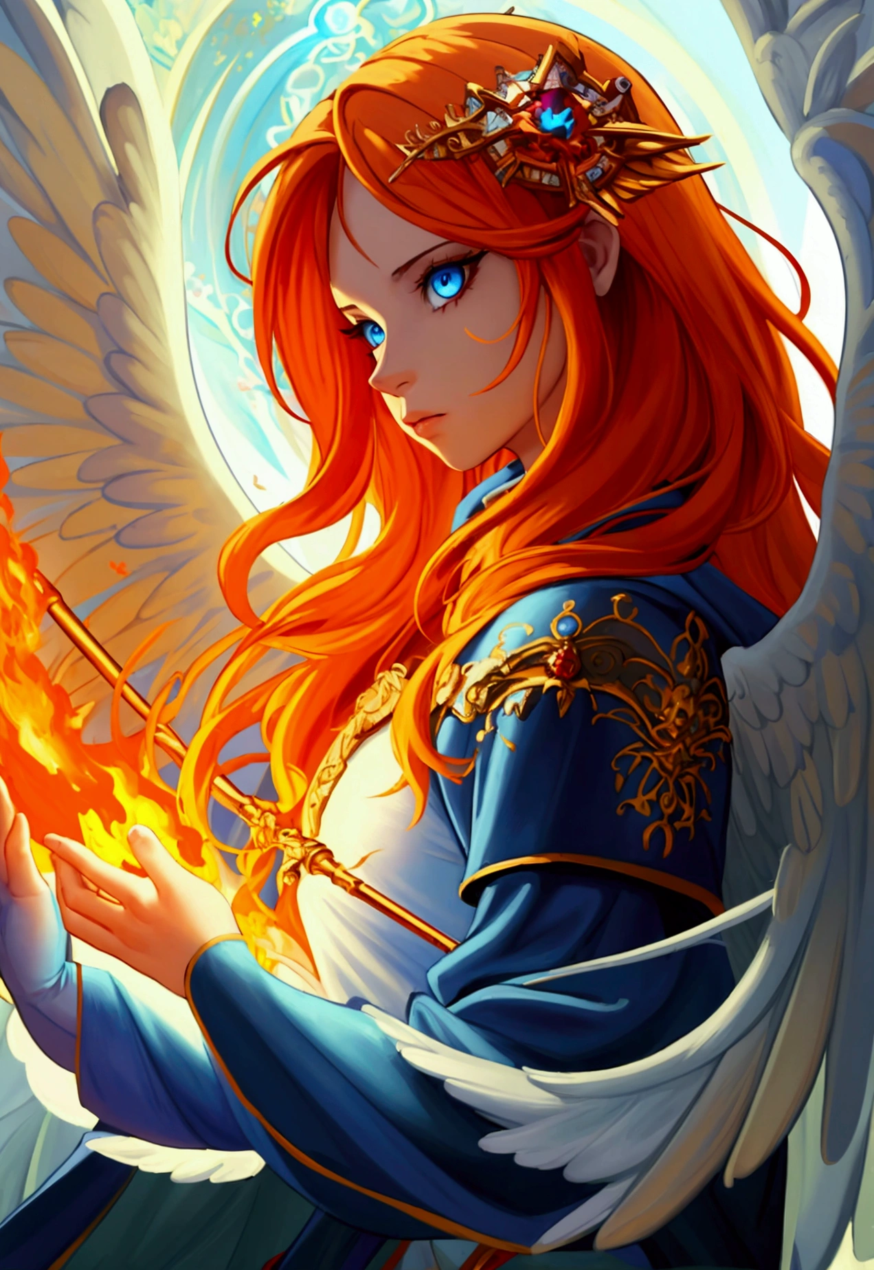 a picture  female aasimar sorceress casting a fire spell,  exremley beautiful female aasimar, orange hair, long hair, wavy hair, dynamic eyes color, angelic eyes, radiant magical eyes, ultra detailed face, spread angelic wings, white angelic wings, wearing dynamic color robe, wearing blue cloak, long cloak, flowing cloak with fire motifs,  armed with magical staff,  manipulating fire magical energy, vibrant, Ultra-high resolution, High Contrast, (masterpiece:1.5), highest quality, Best aesthetics), best details, best quality, highres, 16k, [ultra detailed], masterpiece, best quality, (extremely detailed) RAW, fantasy art, dnd art,