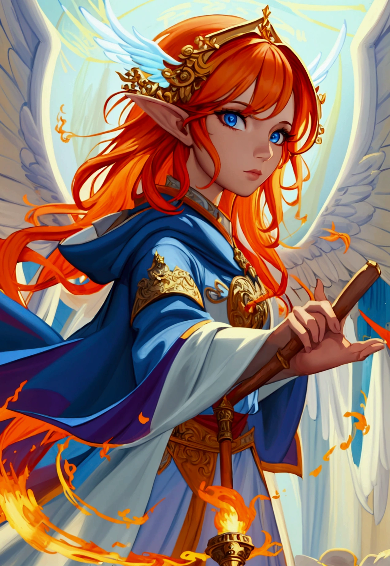 a picture  female aasimar sorceress casting a fire spell,  exremley beautiful female aasimar, orange hair, long hair, wavy hair, dynamic eyes color, angelic eyes, radiant magical eyes, ultra detailed face, spread angelic wings, white angelic wings, wearing dynamic color robe, wearing blue cloak, long cloak, flowing cloak with fire motifs,  armed with magical staff,  manipulating fire magical energy, vibrant, Ultra-high resolution, High Contrast, (masterpiece:1.5), highest quality, Best aesthetics), best details, best quality, highres, 16k, [ultra detailed], masterpiece, best quality, (extremely detailed) RAW, fantasy art, dnd art,