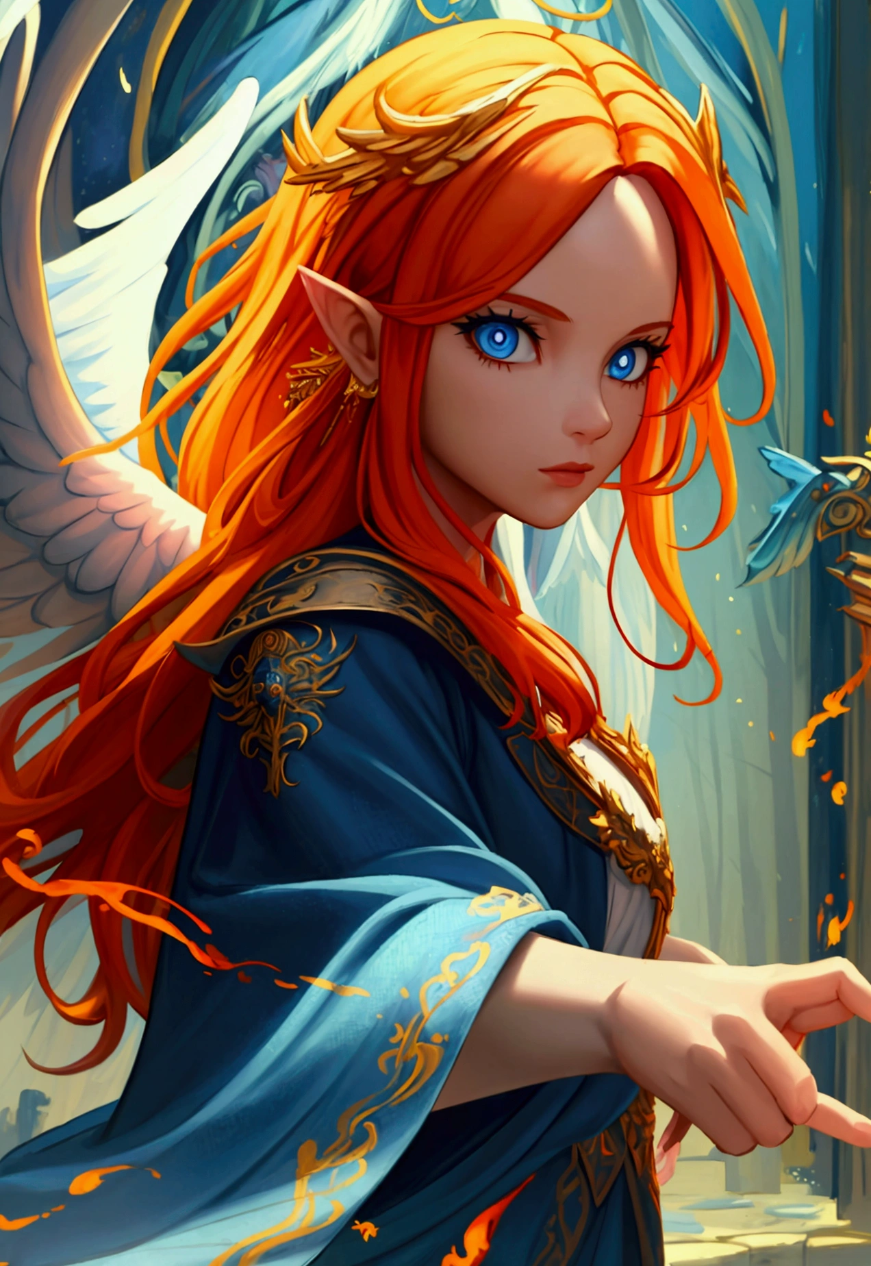 a picture  female aasimar sorceress casting a fire spell,  exremley beautiful female aasimar, orange hair, long hair, wavy hair, dynamic eyes color, angelic eyes, radiant magical eyes, ultra detailed face, spread angelic wings, white angelic wings, wearing dynamic color robe, wearing blue cloak, long cloak, flowing cloak with fire motifs,  armed with magical staff,  manipulating fire magical energy, vibrant, Ultra-high resolution, High Contrast, (masterpiece:1.5), highest quality, Best aesthetics), best details, best quality, highres, 16k, [ultra detailed], masterpiece, best quality, (extremely detailed) RAW, fantasy art, dnd art, angel_wings