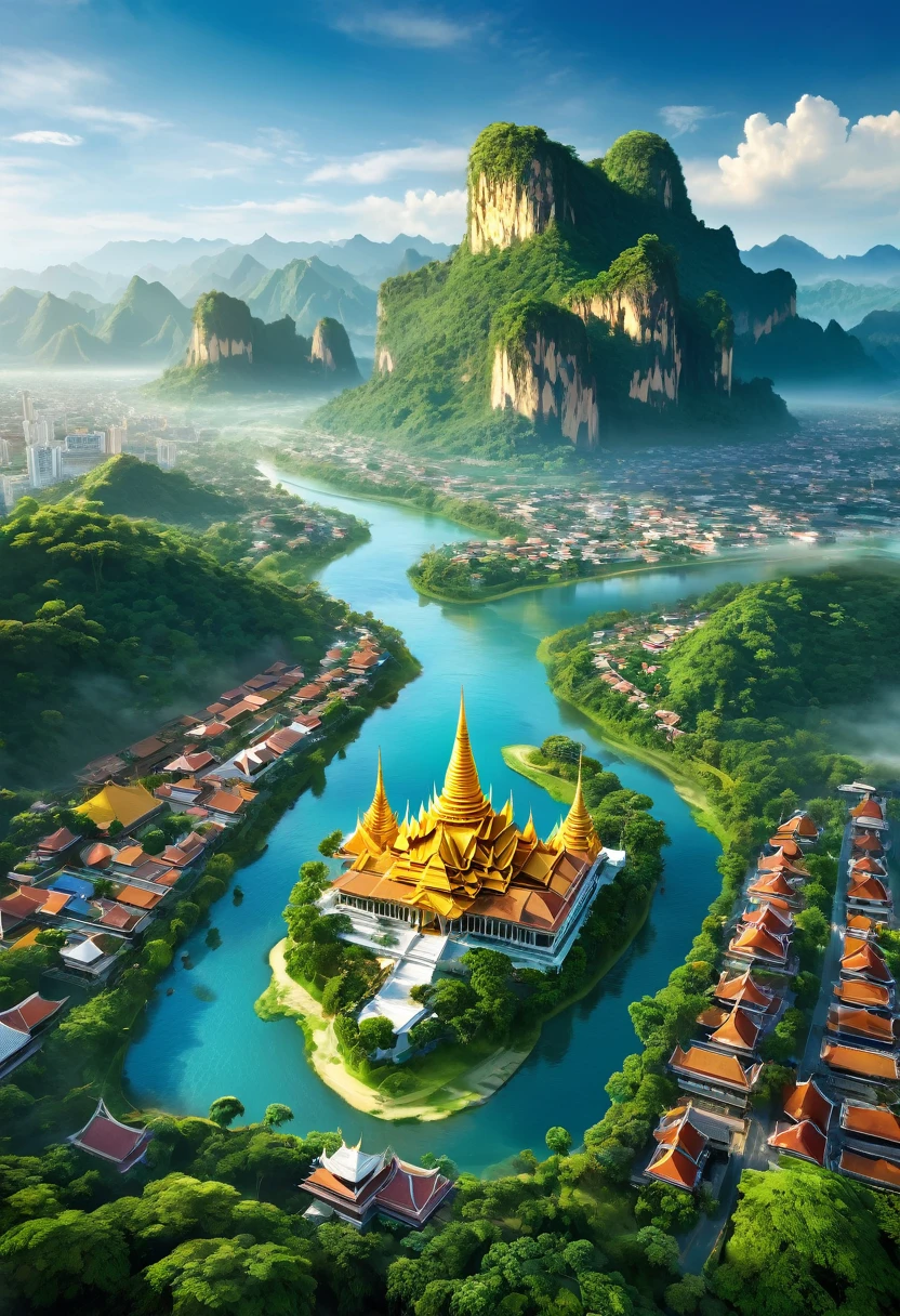 City Overview: Aerial view of the city of Arunanamphorn situated in a grand valley. The city features a golden palace with tall, ornate spires made entirely of gold. The palace stands out with its reflective surfaces and intricate design.Surrounding Landscape: The city is surrounded by mountains with lush, green vegetation and rugged textures. The river flowing through the city has clear, beautiful water, adding to the scenic beauty.Atmosphere: The image should capture a clear, expansive view with natural light creating realistic shadows and depth.Style: 4K resolution with a focus on realistic textures, lighting, and depth. The image should have a cinematic quality with vivid reflections and atmospheric effects to create an immersive and lifelike experience.