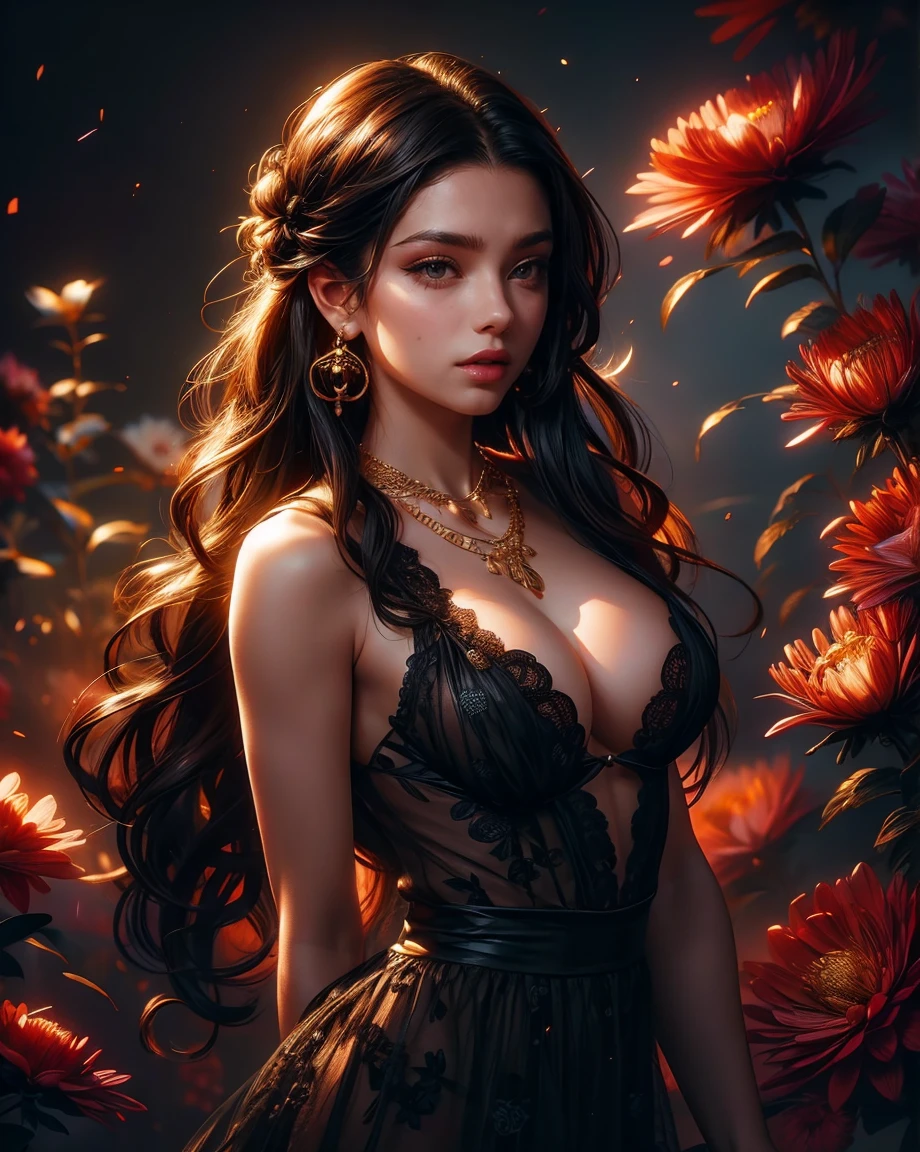 Beautiful brunette woman, 25 years old, stunning body, expressive and clear face, crystal clear eyes, full mouth, long dark curly hair, happy, short red dress with ruffles and straps, large breasts, jeweled gold earrings and necklace, dark background with roses red, light in the background, light falling on the hair from behind, perfect hands, a breathtaking image, 8k, HDR.