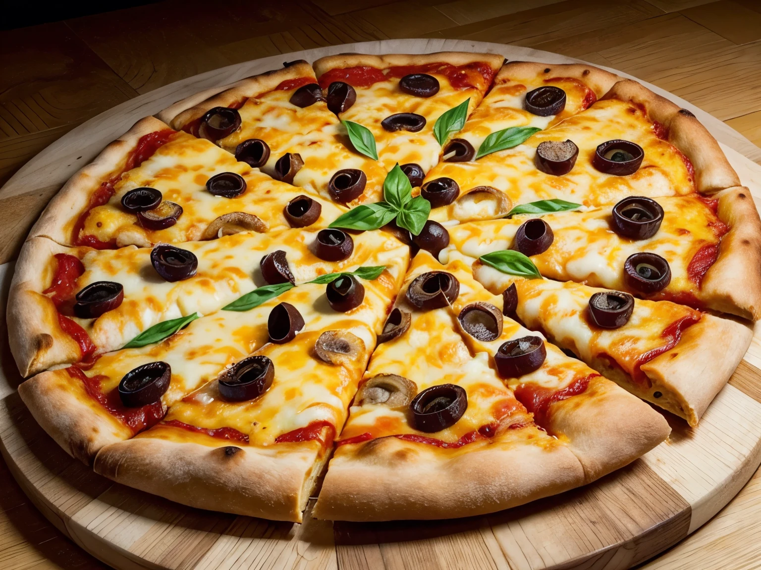 A realistic top-down photo of a slice of pizza being lifted from a whole pizza, captured with a Canon R5. The pizza is perfectly round, with a golden-brown crust that's slightly charred on the edges, giving it a crispy look. The toppings are fresh and vibrant: slices of pepperoni, melted and stretchy cheese, basil leaves, black olives, and tomato slices. The slice being lifted shows the cheese stretching from the main pizza, creating a mouth-watering effect. The pizza is placed on a rustic wooden pizza board with a worn and authentic appearance. The lighting is natural and soft, highlighting the textures and colors of the ingredients with subtle shadows to add depth. The background is simple and slightly blurred, ensuring the focus remains on the pizza and the lifted slice.