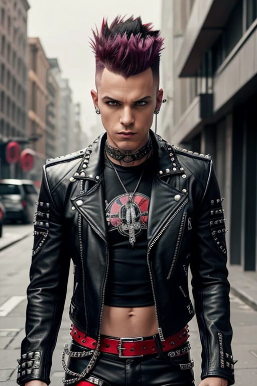 An image of a punk with a mohawk, dressed in a leather jacket with studs, in a futuristic style. The punk is wearing classic punk tight pants in red plaid.