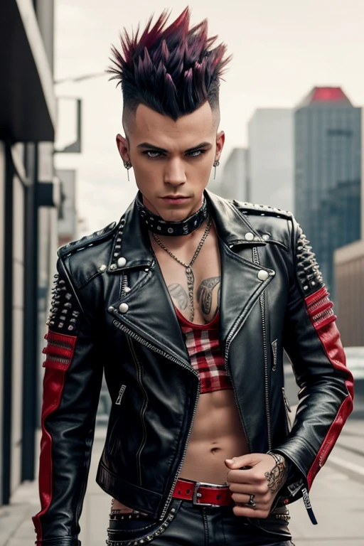 An image of a punk with a mohawk, dressed in a leather jacket with studs, in a futuristic style. The punk is wearing classic punk tight pants in red plaid.