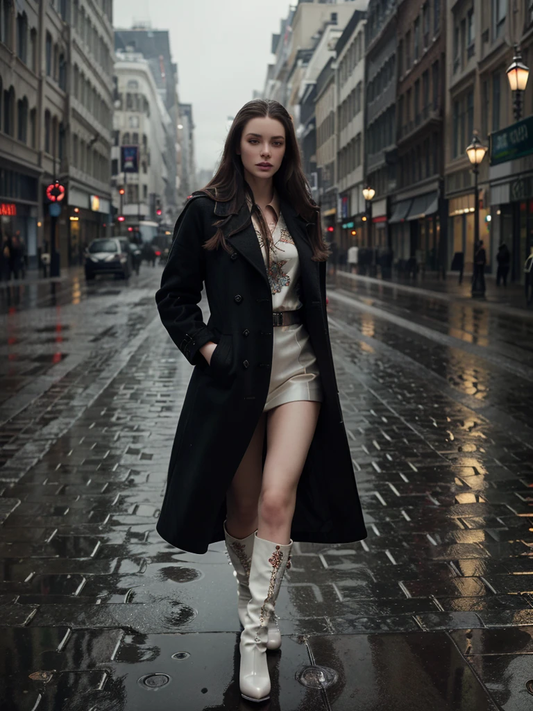 a girl wearing long coat, high heel boots, beautiful detailed eyes, beautiful detailed lips, extremely detailed face and portrait, porcelain skin, long hair, elegant pose, intricate embroidery on the coat, a rainy city street background, moody dramatic lighting, cinematic composition, dark color palette, photorealistic, 8k, high quality, masterpiece