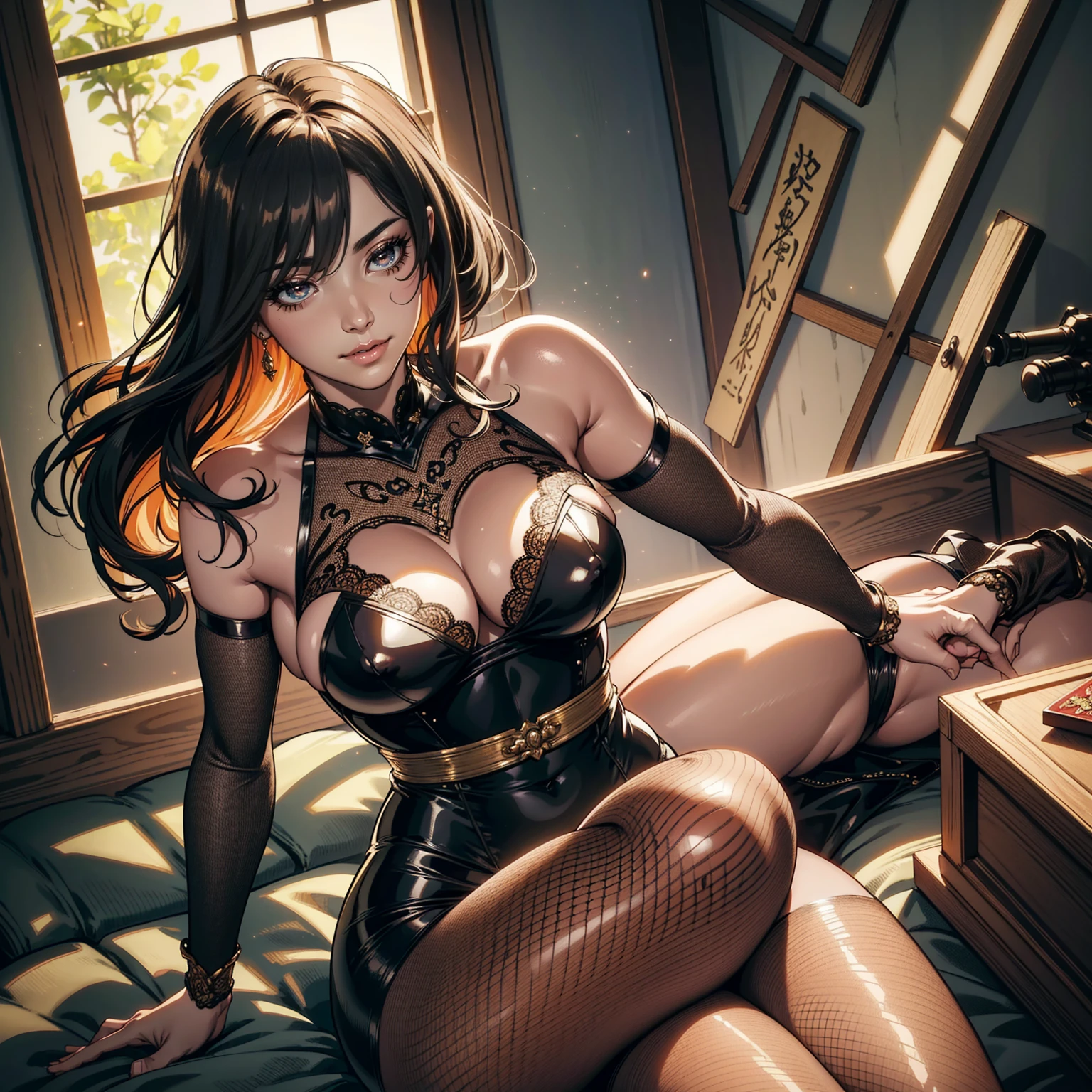 Masterpiece, Professional, High Definition - quality, sharp focus, perfect artwork, Best Illustration, trending on artstation, UHD, 4k, full body, NSFW
One girl,alone,(Upper Body Shot ), Mature Woman,Luani 0030,leotard,Fishnet tights , (masterpiece, Highest quality, employment, High resolution ), (Very detailed, Realistic, Intricate details, High resolution),Modeling Pose, Japanese portrait pose,feel comfortable,The upper body is arched back, (Chubby: ), (Curvy), (Beautiful thighs), (I can see your crotch), 3d, CG, Glowing Skin, (Excited ,A small smile), eyeliner, eye shadow, eyelash,, (Huge breasts , Saggy breasts ), (Cinema Lighting, sunlight, Volumetric lighting), View your viewers, Simple Glass Background, Vintage Fantasy, 1960s \(style\), Film Grain,