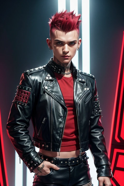 An image of a punk with a mohawk, dressed in a leather jacket with studs, in a futuristic style. The punk is wearing classic punk tight pants in red plaid.