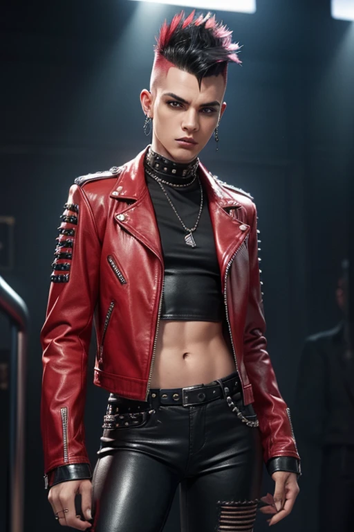 An image of a punk with a mohawk, dressed in a leather jacket with studs, in a futuristic style. The punk is wearing classic punk tight pants in red plaid.