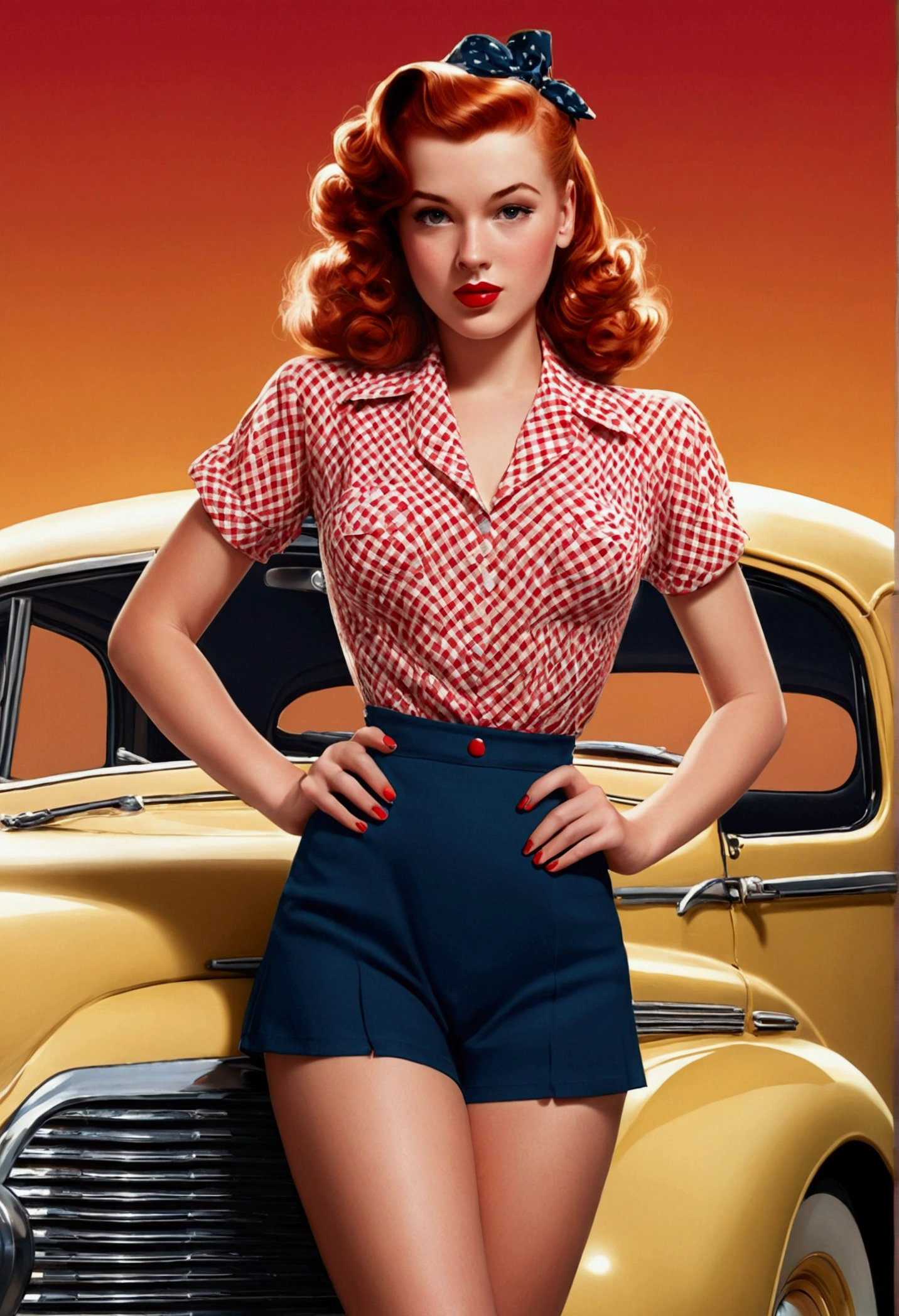 20 year old standing next to a 1940s sedan, Well good, witheout panties, Medium chest, shining skin, dramatic lighting, pin-up style, sexly, suprised, , colorfully , Master Pieces, illustrated, shining skin, face detailed, Medium chest. tight body. Red hair, illustrated por Zoe Mozert, Poster art byZoe Mozert, pin-up vintage, illustrated by Zoe Mozert, girl Poster, Poster girl, pin-up poster girl, pin-up girl, Poster, pin-up girl, face detailed, detailed hands, detailed legs,
