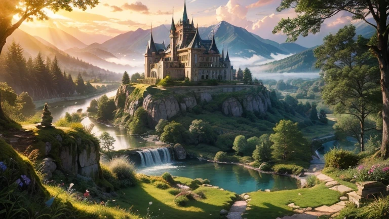 fairytale castle ornamented fantasy garden in a valley,natural pools with fish lilies bogwood insects rocks, plants flowers shrubs trees moss lawns grass,sunset and strong sunbeams,very hazy and misty,extreme details,photorealistic,4k,HD,beautiful,nature,