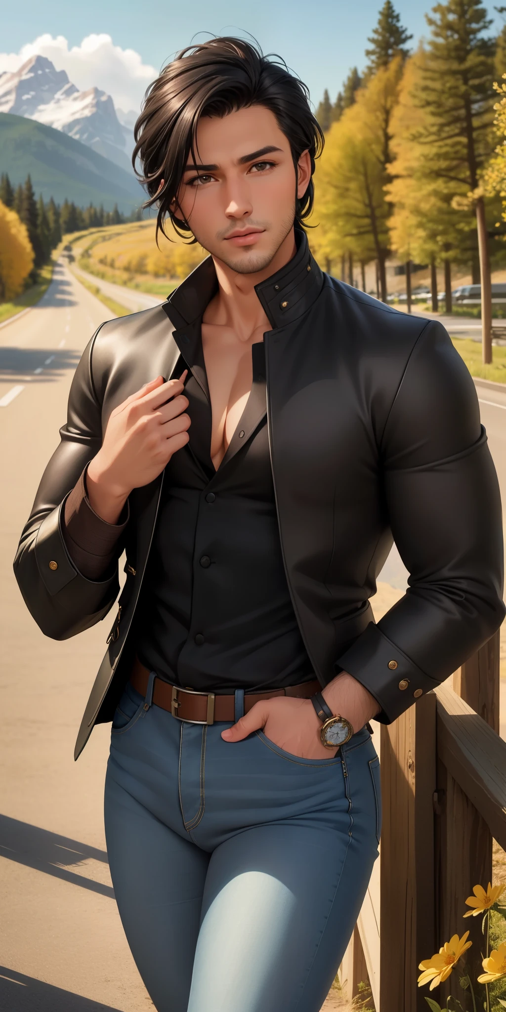 best quality, ultra-detailed, photorealistic: 1.39) masterpiece, best quality, Beautiful trees, rocky mountain, flowers, short black hair, seductive expression, stylish hairstyle, on the road, rural town, adventurer clothes, long-sleeved blouse, jacket, handsome man, authoritative pose, ((elegant masculine man, toned body)), jeans