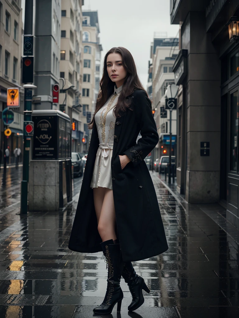 a girl wearing long coat, high heel boots, beautiful detailed eyes, beautiful detailed lips, extremely detailed face and portrait, porcelain skin, long hair, elegant pose, intricate embroidery on the coat, rainy city street, moody dramatic lighting, cinematic composition, dark color palette, photorealistic, 8k, best quality, masterpiece