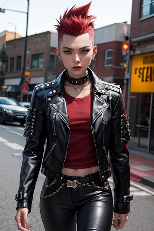 An image of a punk with a mohawk, dressed in a leather jacket with studs, in a futuristic style. The punk is wearing classic punk tight pants in red plaid.
