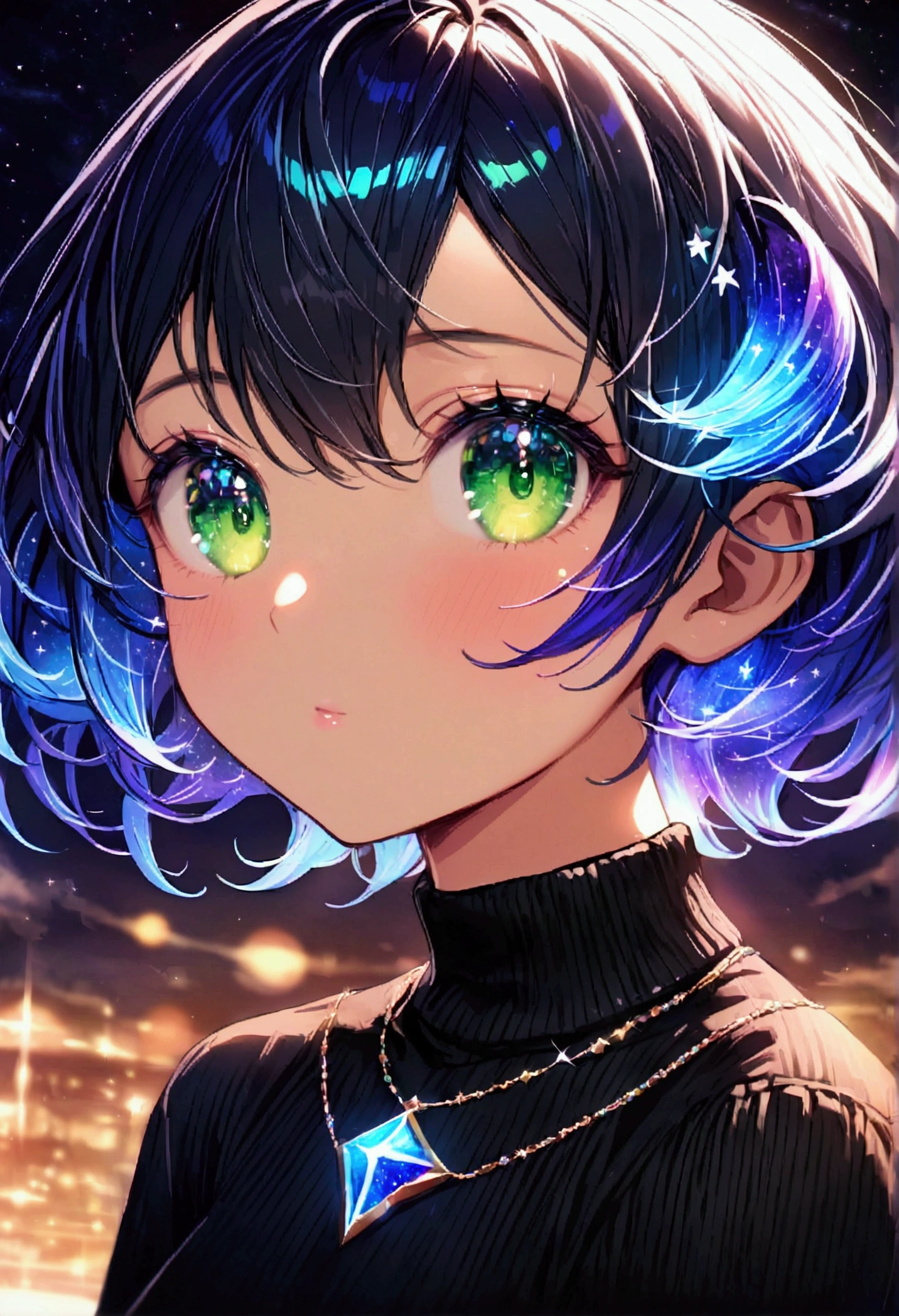crystal, gem,sparkle, star \(symbol\) Sky, it's night, the night is full of stars, there are planets in the sky, bright colors, Incredible details, Shiny hair, spectacular hair, Cute, small, short hair, galaxy hair, green eyes, tanned, black sweater,