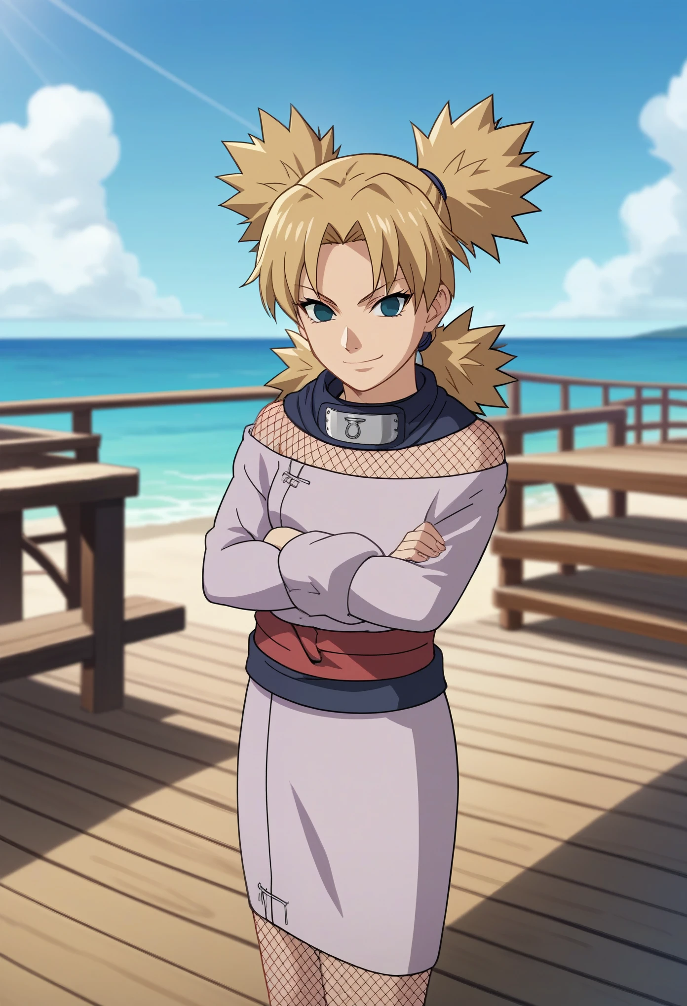 score_9, score_8_up, score_7_up, score_6_up, score_5_up, score_4_up, BREAK, source_anime, ytemari, 1girl, blonde hair, quad tails, blue eyes, fishnets, purple garment, sash, smile, upper body, looking at viewer, solo, simple anime screencap, anime coloring, ocean and beach background, evil facial expression, closed mouth, closed mouth smile, standing on wooden docks leading out to water, front view, arms crossed, subject on the left most possible side of photo, show full body, view from a distance, red heels, put temari towards the left side of the photo