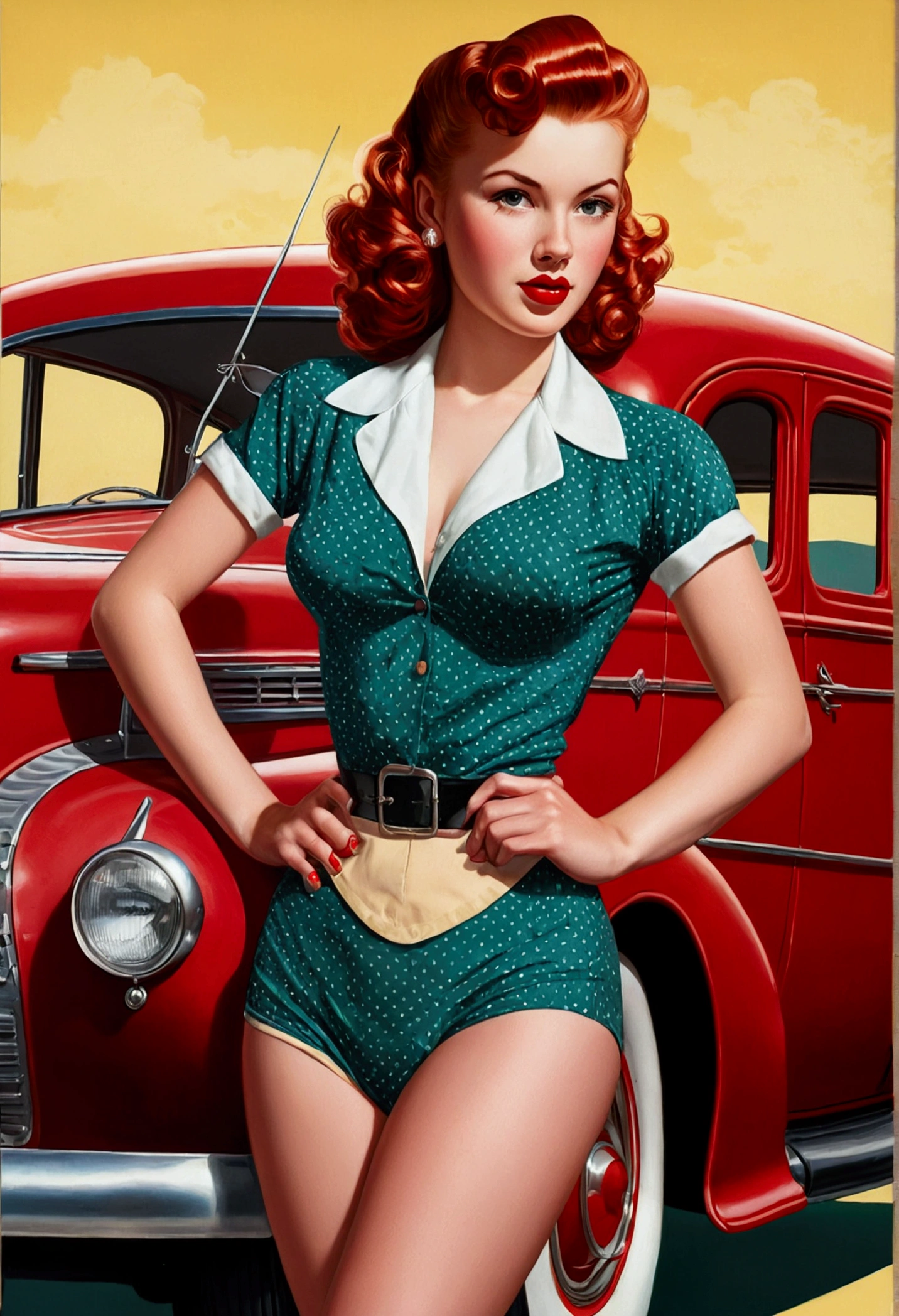 20 years old Girl standing next to a 1940s Ford truck, No Bra, No Panties, medium breast, shining skin, dramatic lighting, pin up style, sexy, surprised, , colorful , masterpieces, illustrated, shining skin, detailed face, Medium breast. tight body. red hair, Illustrated BY Zoe Mozert,   pinup art byZoe Mozert,  vintage pin up, illustrated by Zoe Mozert, girl pinup, pinup girl, pin-up poster girl, pin up girl, pinup, pin - up girl, Detailed face, Detailed Hands, Detailed legs,