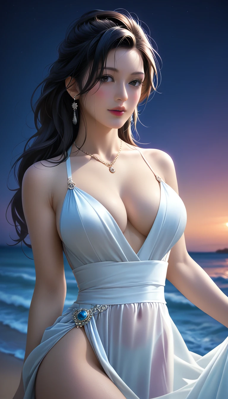 score_9, score_8_superior, score_7_superior, Masterpieces with up to 16K resolution,Highest quality,it is really amazing,Very detailed,Ultra-high resolution,(Ultra-realistic:1.1),(Realistic:1.1),Increased depth of field,Cinematic lighting,
Elegant Japanese MILF,
Long black hair,Ultra-detailed and beautiful faces,Translucent white skin,Very detailedな肌,
Elegant resort dresses,
Bold design,Artistic design,Beautiful and detailed pattern,Detailed fabric texture,
Gorgeous necklace,Earrings,
Bali Beach,Dark beach at night,Deserted beach,A pitch black night sky with dark clouds,
Dramatic Angle,