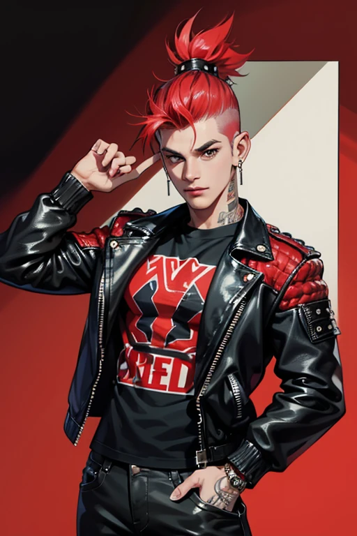 An image of a punk with a mohawk, dressed in a leather jacket with studs, in a futuristic style. The punk is wearing classic punk tight pants in red plaid.