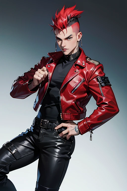 An image of a punk with a mohawk, dressed in a leather jacket with studs, in a futuristic style. The punk is wearing classic punk tight pants in red plaid.