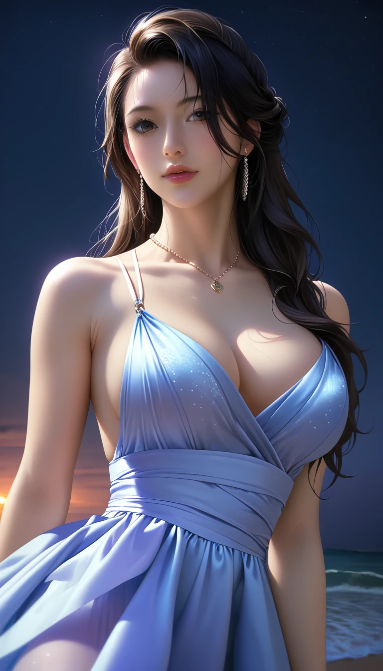 score_9, score_8_superior, score_7_superior, Masterpieces with up to 16K resolution,Highest quality,it is really amazing,Very detailed,Ultra-high resolution,(Ultra-realistic:1.1),(Realistic:1.1),Increased depth of field,Cinematic lighting,
Elegant Japanese MILF,
Long black hair,Ultra-detailed and beautiful faces,Translucent white skin,Very detailedな肌,
Elegant resort dresses,
Bold design,Artistic design,Beautiful and detailed pattern,Detailed fabric texture,
Gorgeous necklace,Earrings,
Bali Beach,Dark beach at night,Deserted beach,A pitch black night sky with dark clouds,
Dramatic Angle,