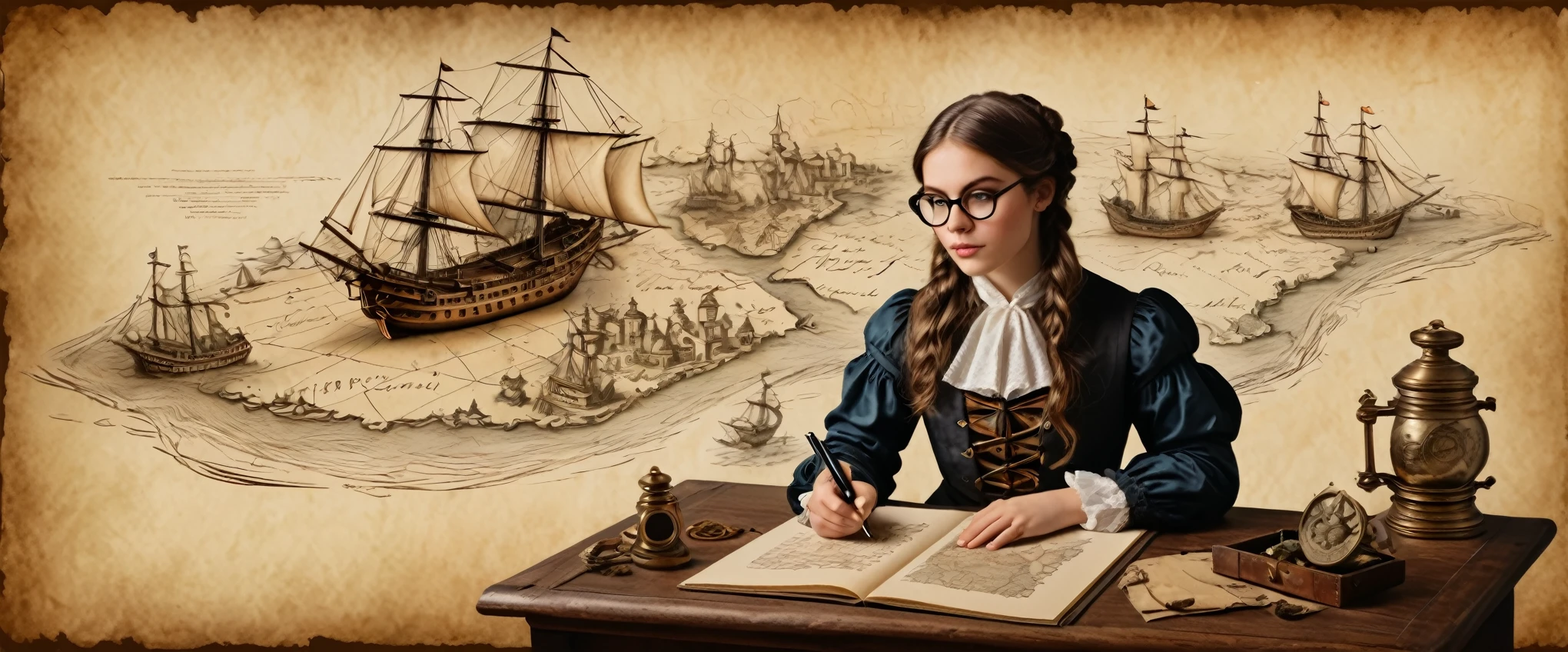 Portrait of a beautiful Victorian girl in glasses writing an ancient manuscript, beautiful proportional face with realistic, detailed eyes, beautiful graceful fingers holding a writing pen; drawn on paper,sketch,old parchment,pencil sketch,Stereoscopic light and shadow,against the background of a pirate treasure map, image of a girl to the right of the center of the picture at the edge,
(Detailed map of Treasure Island on ancient parchment, Rose of Wind, compass), documentation,Rich and delicate strokes,