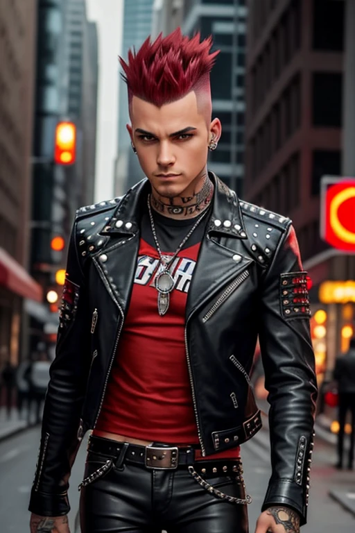 An image of a punk with a mohawk, dressed in a leather jacket with studs, in a futuristic style. The punk is wearing classic punk tight pants in red plaid.