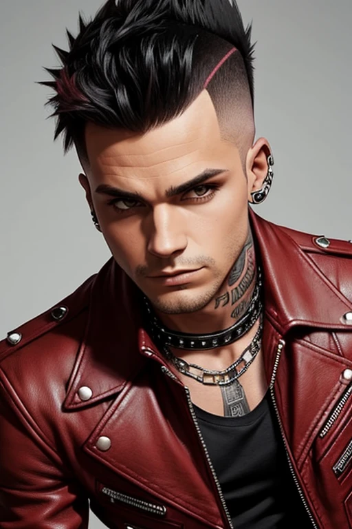 An image of a man punk with a mohawk, dressed in a leather jacket with studs. The punk is wearing classic punk tight pants in red plaid.